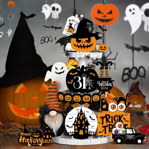 Vista 5 de Geetery Juego de 18 piezas de decoraciones de bandeja escalonada de Halloween, decoración de mesa de Halloween, gnomo de felpa, calabaza, fantasma