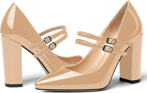 Vista 6 de MERRORI Vestido sólido con correa ajustable para mujer, con hebilla de patente, puntera puntiaguda, tacón alto, zapatos de 4 pulgadas Beige