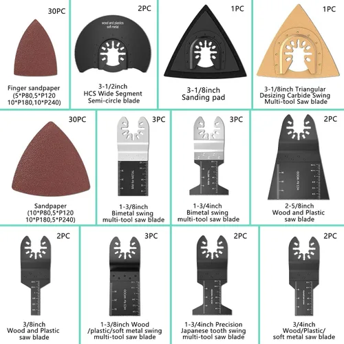 Vista 3 de 87 cuchillas oscilantes para herramientas, multiherramienta de liberación rápida de plástico de metal de madera, accesorios con papel de lija