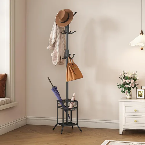 Vista 8 de ELYKEN Perchero Independiente, Perchero de Metal con Soporte para Paraguas, Árbol de Abrigos Moderno con 12 Ganchos, Perchero de Pie de Esquina