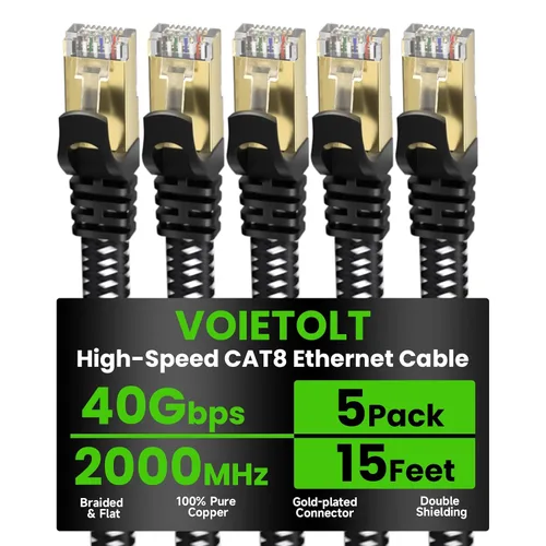 Vista 17 de Cable Ethernet Cat 8 de 2 pies plano, cable de Internet trenzado de alta velocidad de 40 Gbps 2000 MHz con RJ45 chapado en oro, cable LAN de red