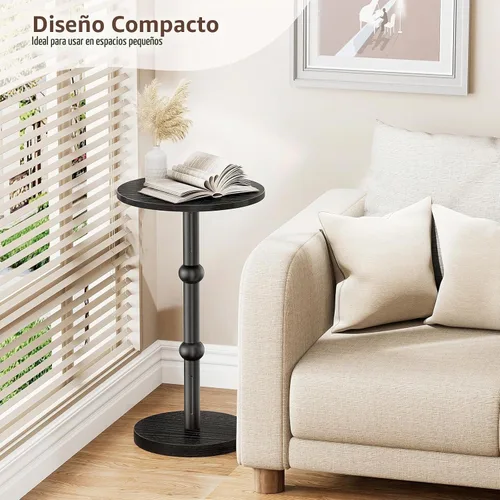 Vista 4 de Mesa de Bebidas, Mesa Auxiliar Redonda Pequeña para Espacios Pequeños, Mesas Auxiliares Redondas de Acento Moderno con Pata de Metal, Mesas