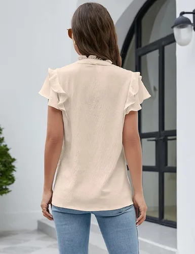 Vista 3 de Blooming Jelly Blusa elegante para mujer, estilo casual, con volantes, manga corta, cuello en V, elegante blusa de trabajo de negocios