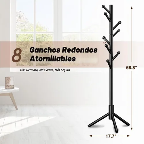 Vista 4 de Perchero de abrigos, Perchero de pie independiente con 8 ganchos, 3 alturas ajustables para ropa, sombreros, bolsos, árbol de abrigos de fácil Negro