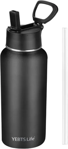 Vista 25 de Botella de agua aislada con popote, botella de agua deportiva de acero inoxidable aislada al vacío de 32 onzas, mantiene el frío y el calor, botella