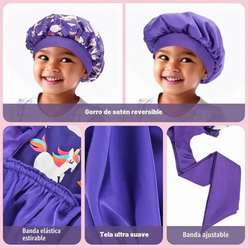 Vista 2 de Lolalet 2 piezas de cofias para niñas, cofia reversible de seda para dormir, cofia de satén con banda elástica ancha - Morado y Rosa A -Púrpura+Rosa
