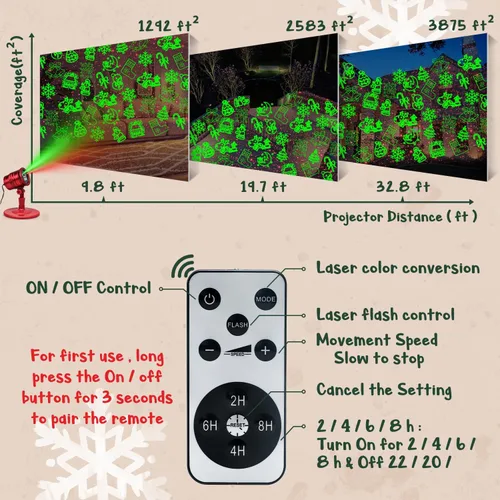 Vista 5 de Yinuo Candle Proyector láser de luces de Navidad con control remoto, decoraciones de Navidad al aire libre, proyector de luces decorativas