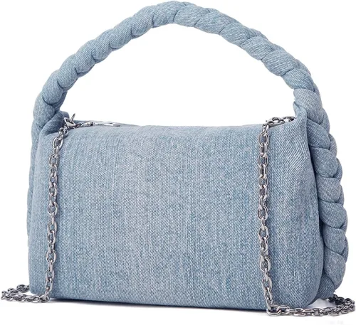 Vista 2 de Bolso de mezclilla vintage para mujer, bolso de mezclilla tejido con asa superior, bolso cruzado ligero de diseñador con cadena
