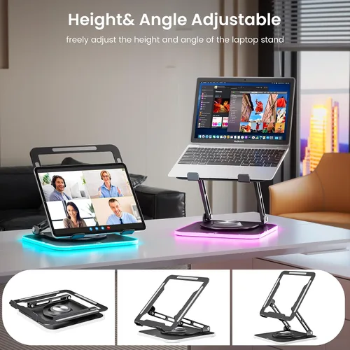 Vista 7 de Soporte para portátil RGB para escritorio, base giratoria de 360°, elevador ergonómico para laptop, soporte de aluminio ajustable en altura