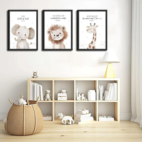 Vista 6 de Arte de pared enmarcado para guardería con versículo bíblico de animales en lienzo, arte de pared divertido y lindo de animales de safari, pintura