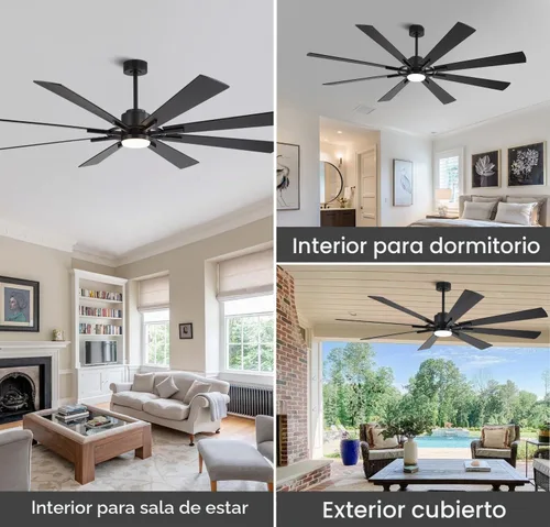 Vista 7 de WINGBO Ventilador de techo CC de 72 pulgadas con luces y 3 varillas descendentes, negro mate, 8 cuchillas de madera contrachapada, motor CC