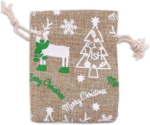 Vista 31 de 48 paquetes de 3x4 bolsas de regalo reutilizables de yute y arpillera con cordones (Feliz Navidad, X-Pequeño) - para regalos, favores de fiesta