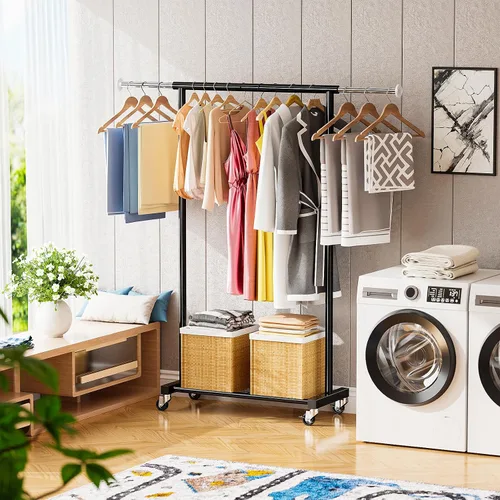 Vista 2 de Perchero de ropa estándar, 50 pulgadas de largo, con estantes de malla sobre ruedas, estante de armario portátil ajustable para dormitorio, cuarto