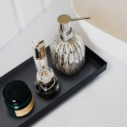 Vista 6 de Bandeja rectangular de metal negro mate, ideal para portavelas, proyectos de decoración de tocador, bandeja de tanque de inodoro de baño