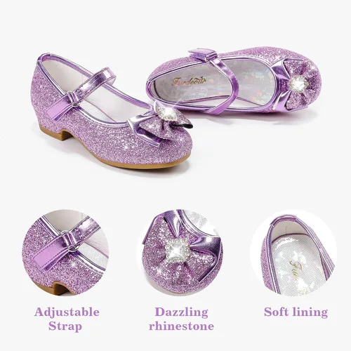 Vista 5 de Furdeour Zapatos de vestir para niñas, zapatos de princesa Mary Jane para bodas, flores, damas de honor, tacones con purpurina para niños pequeños