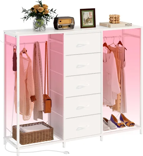 Vista 10 de Espelism Cómoda para dormitorio con perchero, cómoda de 5 cajones con estación de carga, luces LED, cómoda blanca, estante flexible y espacio