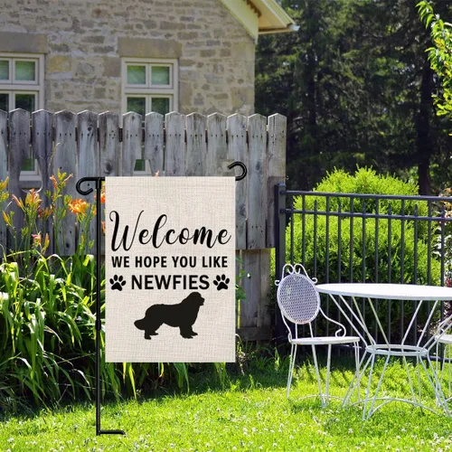 Vista 5 de PWHAOO Newfie - Bandera de jardín con texto en inglés "Welcome We Hope You Like Newfie", bandera de jardín de Terranova, regalos para amantes
