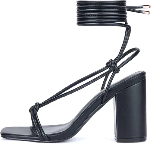 Vista 8 de GENSHUO Sandalias de punta cuadrada para mujer, con cordones, tacones altos gruesos, sandalias de tacón de bloque, zapatos de vestir de boda, Negro A