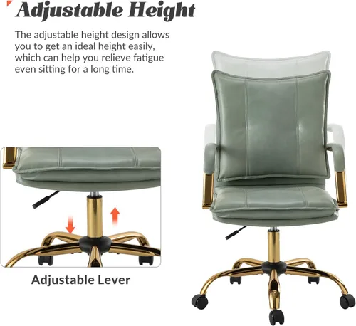 Vista 4 de HULALA HOME Silla de escritorio de piel sintética para oficina en casa, silla giratoria ajustable para computadora con patas y brazos dorados, silla