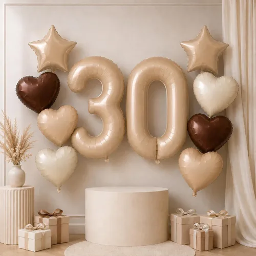 Vista 49 de Decoración de Globos Número 10 de 40 Pulgadas, Globos de Corazón Neutro de Papel de Aluminio Crema Retro Albaricoque Marrón con Globo de Helio