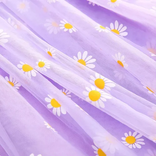 Vista 5 de Vestidos casuales de cumpleaños para niñas, vestidos de fiesta floral, margarita, sin mangas, 1-6 años, tul para playa (morado, 5-6 años)
