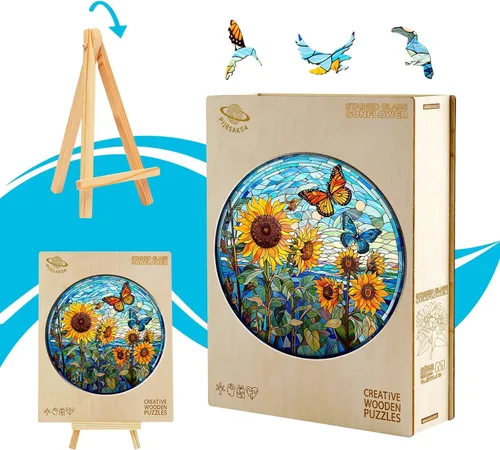 Vista 7 de Rompecabezas de madera para adultos, rompecabezas de madera de girasol de cristal, rompecabezas de madera de forma única para adultos, rompecabezas
