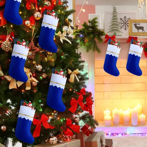 Vista 5 de Skylety 12 calcetines azules de fieltro de Navidad para decoración a granel, 14.96 x 9.84 pulgadas, tela no tejida, para árbol de Navidad, adornos