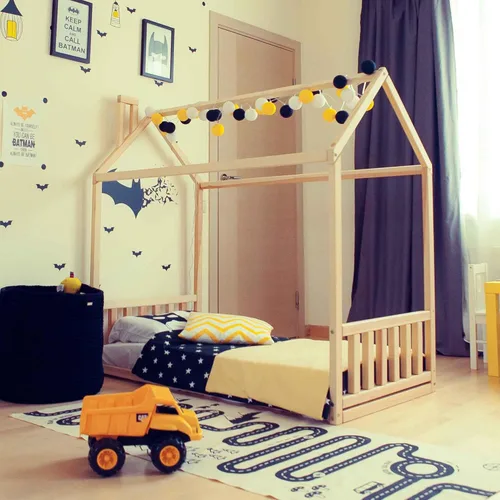 Vista 3 de Casa de la cama de los niños con rieles, Montessori cama de piso para niños pequeños, marco de cama en forma de casa Kds, marco de cama Montessori