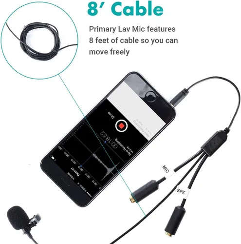 Vista 6 de Movo Lavalier Profesional Lapel Clip-on Entrevista Podcast Micrófono con Micrófono Secundario y Entrada de Monitoreo de Auriculares para iPhone
