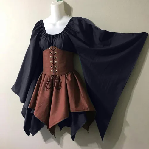 Vista 7 de SHOPESSA Disfraz de feria renacentista para mujer, vestido colonial, vestido casual de manga acampanada, vestido de bruja gótica, ropa de Halloween