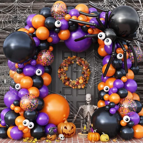 Vista 23 de Kit de arco de guirnalda de globos de Halloween, 116 piezas de arco de globos naranja y negro blanco, globos de papel de aluminio con estrella