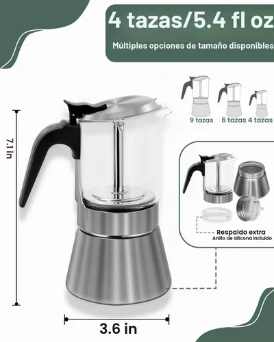 Vista 2 de Grasseed Cafetera Moka de vidrio transparente, cafetera de espresso para estufa con tapa de acero inoxidable cepillado para café italiano - 4