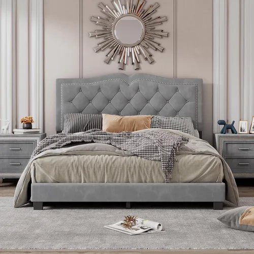 Vista 8 de Marco de cama de terciopelo tamaño Queen, cabecera capitonada con alas de canal vertical, cama con plataforma tapizada, listones de madera fuertes