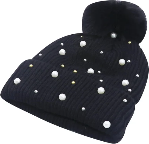 Vista 4 de Gorro de invierno holgado para mujer con bola de piel, gorro de perlas con perlas de otoño, gorro cálido y grueso, gorro de esquí con calavera