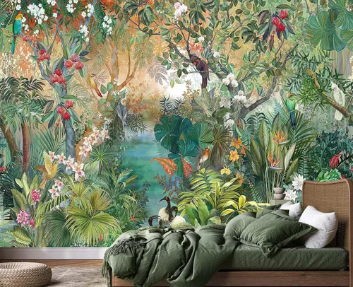 Vista 29 de Papel pintado de bosque tropical, palmera, mural de pared para dormitorio
