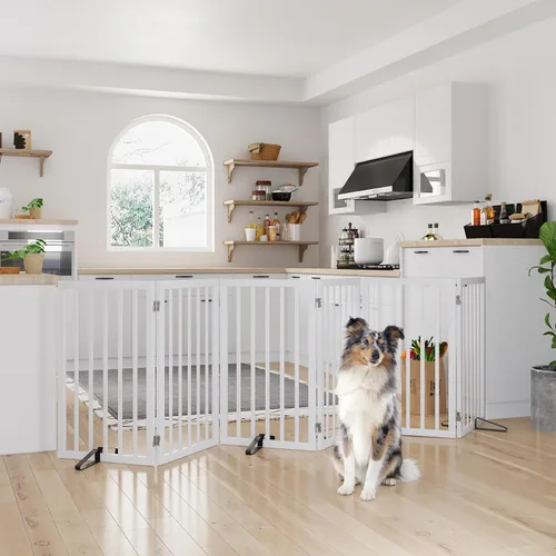 Vista 35 de Semiocthome Puertas de bambú para perros para interiores, puertas independientes de 2 paneles para cachorros para la casa con 2 soportes de metal