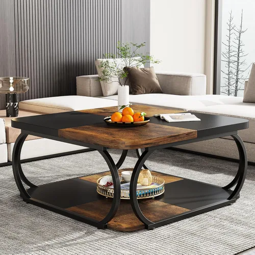 Vista 2 de LITTLE TREE Mesa auxiliar de 40 pulgadas con estante de almacenamiento, mesa de centro cuadrada baja de 2 niveles con mesa de madera de granja