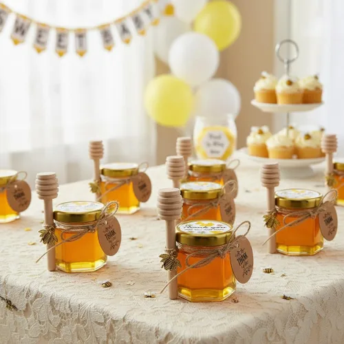 Vista 4 de Adabocute Pote de Miel, Mini Frascos de Miel con Cucharón, Frascos de Miel de Vidrio para Recuerdos de Baby Shower, Recuerdos de Fiesta y Boda, Tapa