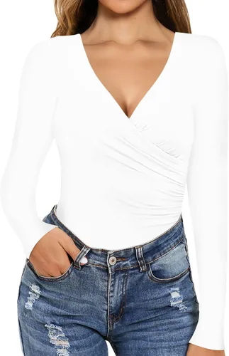 Vista 2 de MANGOPOP Women's Cross Wrap Ruched Plunge Neck Deep V Long Sleeve Short Sleeve Bodysuits