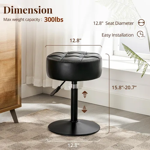 Vista 2 de LUE BONA Taburete de tocador ajustable, silla giratoria de 360° para sala de maquillaje, taburete negro para tocador, pequeños taburetes de tocador