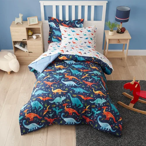 Vista 16 de PPOLCA Juego de edredón de dinosaurio azul tamaño individual para niños, ropa de cama de 5 piezas con sábanas y funda de almohada, súper suave