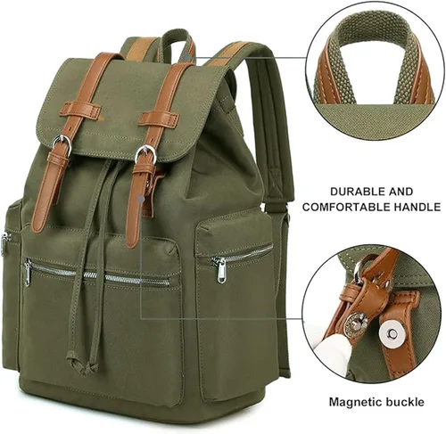 Vista 6 de Bluboon Mochila vintage con ribete de cuero casual para hombres y mujeres, mochila de viaje para computadora portátil