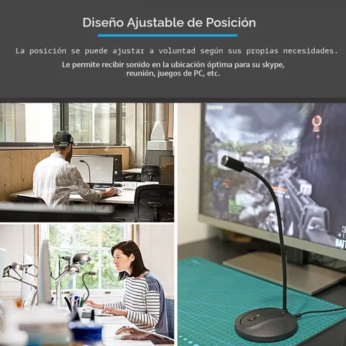Vista 6 de Micrófono USB, diseño de cuello de cisne ajustable de 360 grados, botón de silencio e indicador LED, tecnología de cancelación de ruido, plug &
