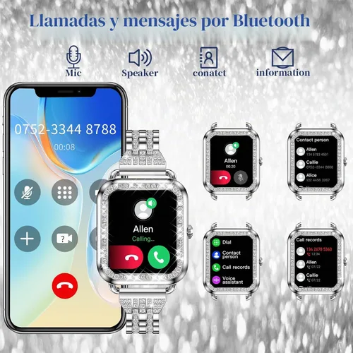 Vista 5 de Reloj inteligente para mujer con diamantes (respuesta/hacer llamadas), reloj inteligente con pantalla táctil HD de 1.29 pulgadas, Android Oro rosado