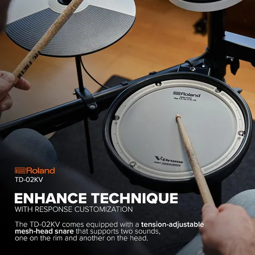 Vista 4 de Roland TD-02KV V-Drums Batería electrónica con capacidad de ejecución expresiva, características de reducción de ruido, redoblante con parche