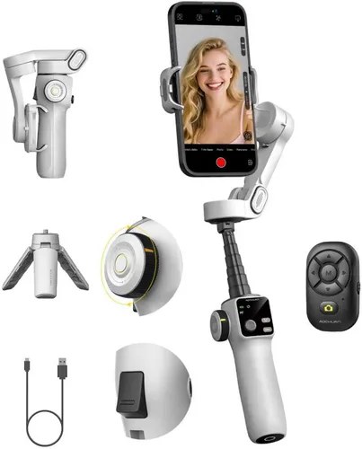 Vista 8 de AOCHUAN Estabilizador de cardán para iPhone con control remoto Bluetooth, estabilizador de teléfono de 3 ejes con barra de extensión de 7.8 Negro