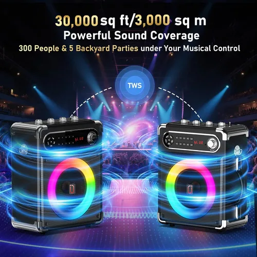 Vista 2 de Máquina de karaoke con 2 micrófonos inalámbricos, woofer mejorado de 6.5 pulgadas y tweeter de 2 pulgadas: altavoz de karaoke portátil Bluetooth