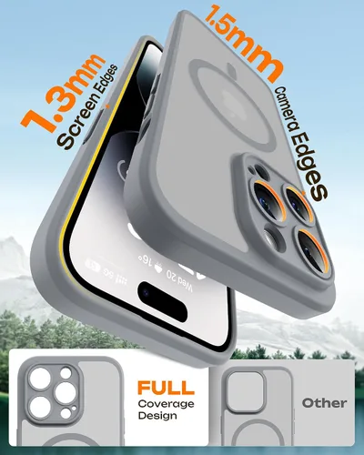 Vista 620 de TOCOL Funda magnética 3 en 1 para iPhone 15 Pro, mejorada [protección completa de cámara] con 2 protectores de pantalla, compatible con MagSafe Gris