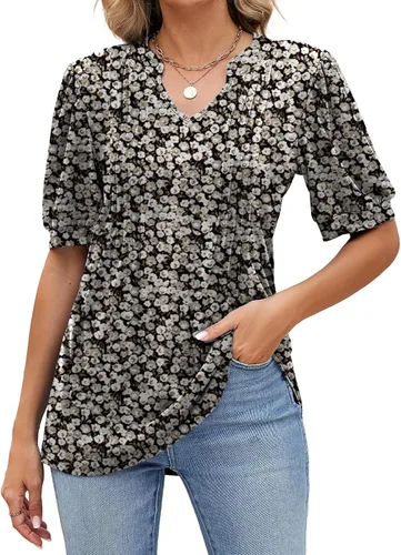 Vista 11 de Camisetas de verano con cuello en V para mujer, de manga corta, estilo casual, a la moda Negro
