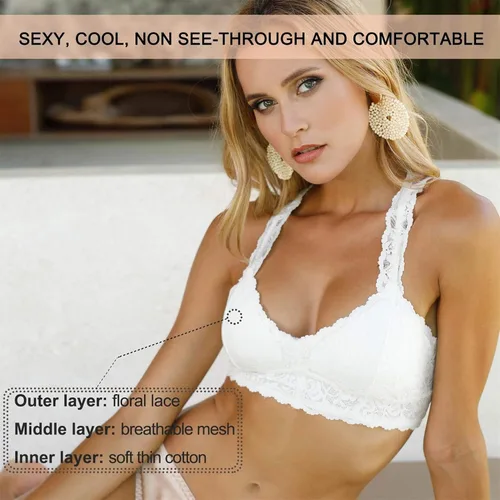 Vista 6 de BRABIC Bralette de encaje con espalda cruzada y cuello en V profundo para mujer